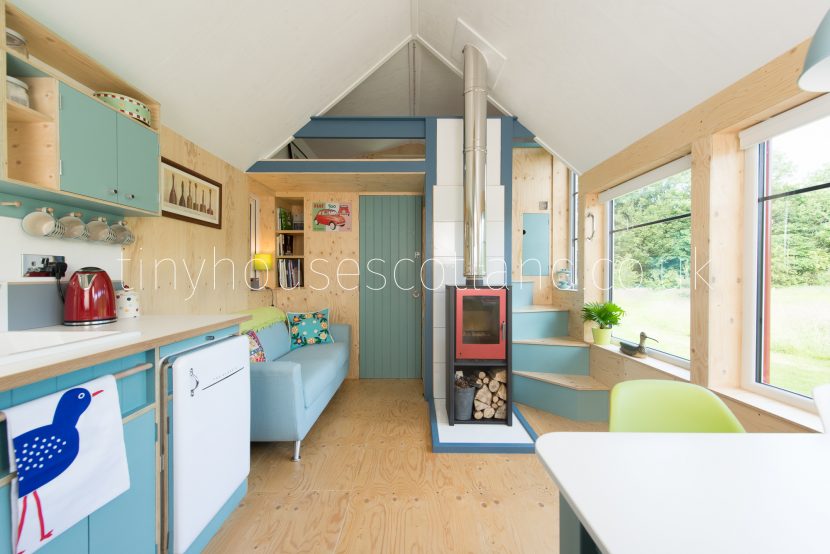 The NestHouse from Tiny House Scotland looking towards the bathroom and sleeping loft.