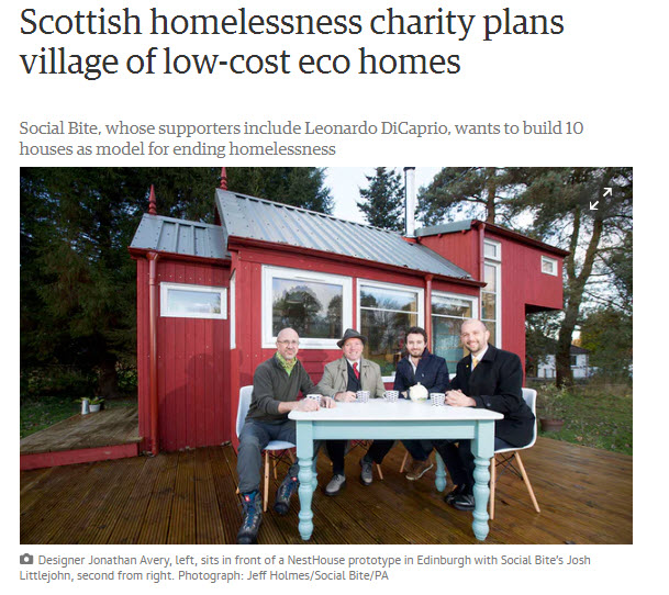 Designer Jonathan Avery, Tiny House Scotland, left, sits in front of his NestHouse prototype in Edinburgh with Social Bite's Josh Littlejohn.